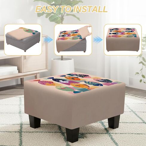 Ottoman Cover Square, Stretch Ottoman Slipcover, Footrest Stool Cover Protector with Nonslip Elastic Bottom Removable Washable (Geometric Fish, Large) in Saudi Arabia