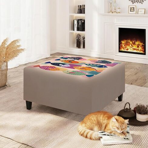 Ottoman Cover Square, Stretch Ottoman Slipcover, Footrest Stool Cover Protector with Nonslip Elastic Bottom Removable Washable (Geometric Fish, Large) in Saudi Arabia