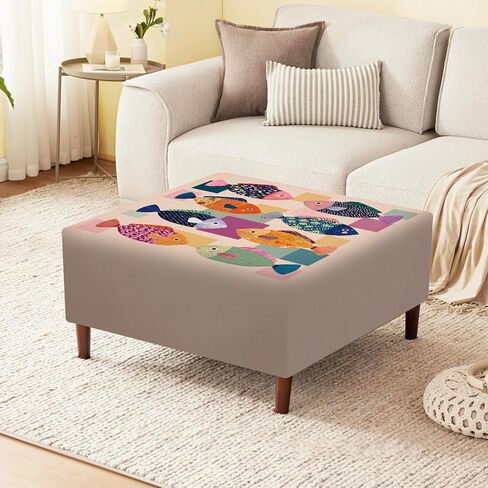 Ottoman Cover Square, Stretch Ottoman Slipcover, Footrest Stool Cover Protector with Nonslip Elastic Bottom Removable Washable (Geometric Fish, Large) in Saudi Arabia