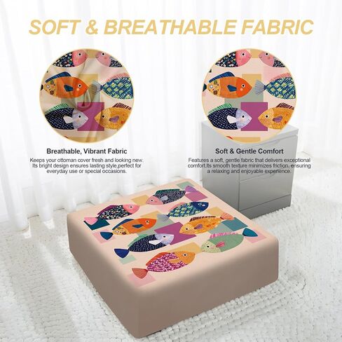 Ottoman Cover Square, Stretch Ottoman Slipcover, Footrest Stool Cover Protector with Nonslip Elastic Bottom Removable Washable (Geometric Fish, Large) in Saudi Arabia