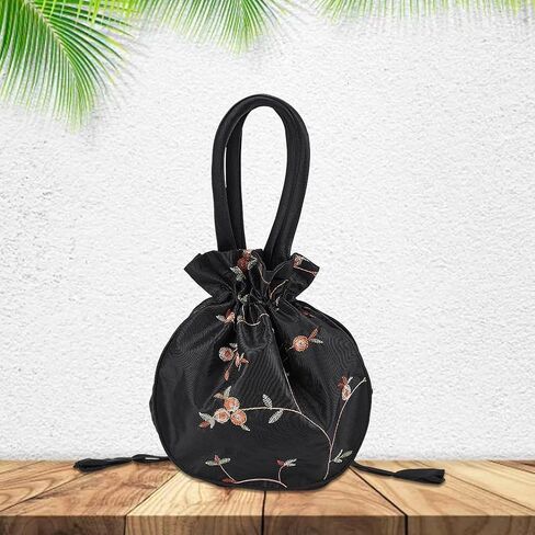 Ethnic Style Flower Handbag Black Embroidered Drawstring Bags Jewellery Gift Bags for Women Makeup Bags Organiser for Cosmetic Utensils Storage Bag Travel Party Cosmetic Bag Purse in Kuwait