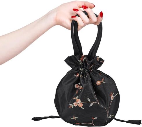 Ethnic Style Flower Handbag Black Embroidered Drawstring Bags Jewellery Gift Bags for Women Makeup Bags Organiser for Cosmetic Utensils Storage Bag Travel Party Cosmetic Bag Purse in Kuwait