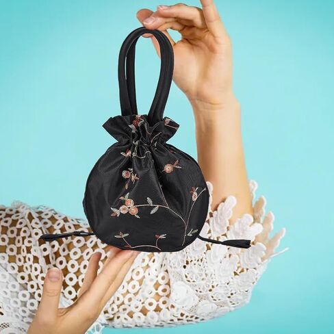 Ethnic Style Flower Handbag Black Embroidered Drawstring Bags Jewellery Gift Bags for Women Makeup Bags Organiser for Cosmetic Utensils Storage Bag Travel Party Cosmetic Bag Purse in Kuwait