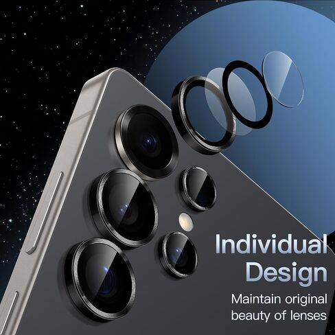 JETech Camera Lens Protector for Samsung Galaxy S25 Ultra 5G, 9H Tempered Glass Metal Individual Ring Cover, Easy Installation Tray, HD Clear, 1 Set (Black) in Kuwait