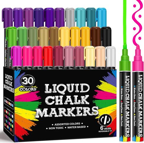 30 Pack Liquid Chalk Markers for Blackboard, Dry Erase Markers Pens for Chalkboard Calendar Window Car Glass, 6mm Reversible Tip, Dust-Free Chalk Pens for School Kids Bistro Businesses Restaurants in Kuwait