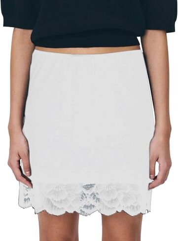 Women Y2k Satin Silk Mini Skirt Lace Trim Patchwork Aline Slip Skirt Silky Underskirt Shirt Extender in Kuwait