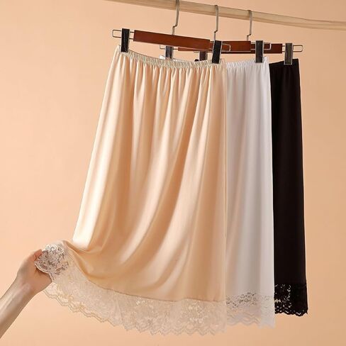 Skirt Extender Satin Half Slips for Women Knee Length Lace Anti Static Under Skirt Trim Layering Underskirt Half Slip(Black) in Kuwait