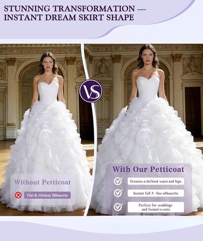 Petticoats for Women Plus Size A-line 6 Hoop 6 Layered Tulle Petticoat,Floor Length Crinoline Underskirt White for Wedding Bridal Ball Gown in Saudi Arabia