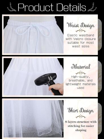Urieo Hoopless Petticoat Crinoline 8 Layers Tulle Underskirt Slip for Wedding Dress in Kuwait