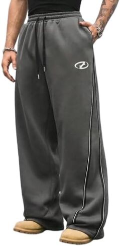QJQ Men's Baggy Track Pants Casual Wide Leg Striped Side Sweatpants Drawstring Elastic Waist Y2k Streetwear in Kuwait