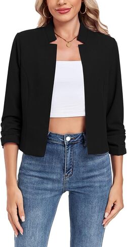 MINTLIMIT Cropped Blazers for Women 3/4 Ruched Sleeve Notched Collar Open Front Cardigan Business Casual Blazer Jackets in Kuwait