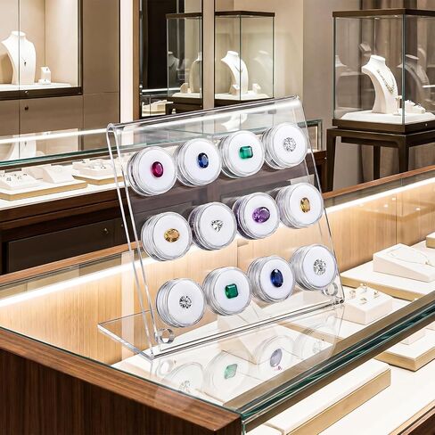 Yalikop Acrylic Gemstone Display Stand with 12 Clear Jars, Acrylic Easel Rack for Crystals, Stones, Rocks, Minerals, Jewelry Display, Clear Countertop Showcase Holder in Kuwait