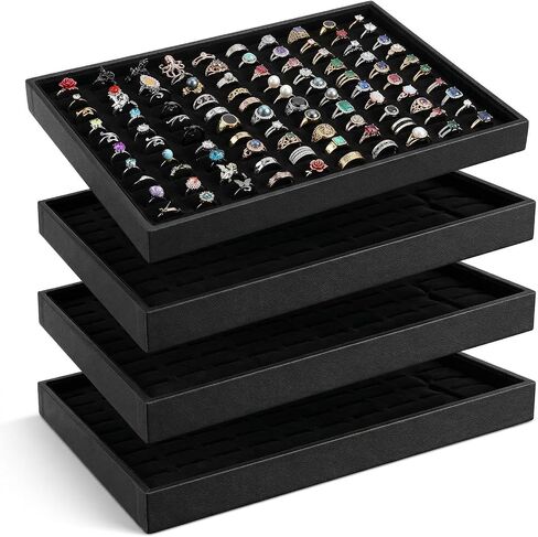 4-Piece Velvet Ring Display Tray Set, Ring Tray for Jewelry with 100 Slots, Stackable Organizer for Drawer & Retail, 13.78 x 9.45 x 1.26 Inch (Black) in Kuwait