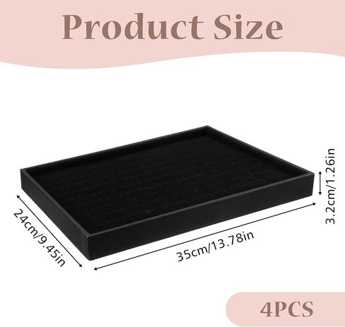 4-Piece Velvet Ring Display Tray Set, Ring Tray for Jewelry with 100 Slots, Stackable Organizer for Drawer & Retail, 13.78 x 9.45 x 1.26 Inch (Black) in Kuwait