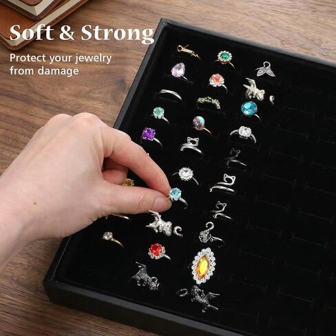 4-Piece Velvet Ring Display Tray Set, Ring Tray for Jewelry with 100 Slots, Stackable Organizer for Drawer & Retail, 13.78 x 9.45 x 1.26 Inch (Black) in Kuwait