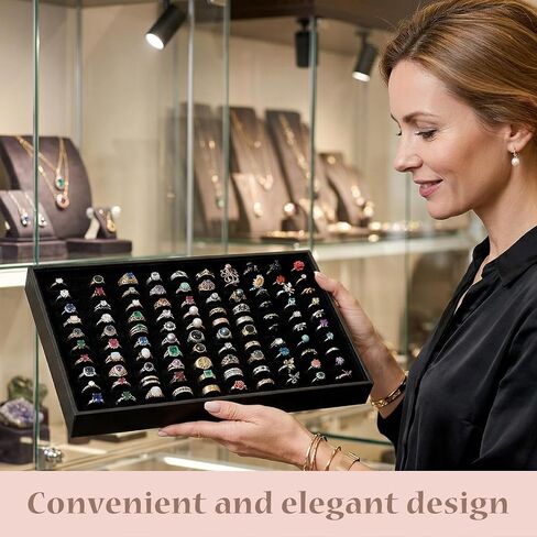 4-Piece Velvet Ring Display Tray Set, Ring Tray for Jewelry with 100 Slots, Stackable Organizer for Drawer & Retail, 13.78 x 9.45 x 1.26 Inch (Black) in Kuwait