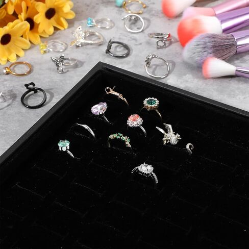 4-Piece Velvet Ring Display Tray Set, Ring Tray for Jewelry with 100 Slots, Stackable Organizer for Drawer & Retail, 13.78 x 9.45 x 1.26 Inch (Black) in Kuwait