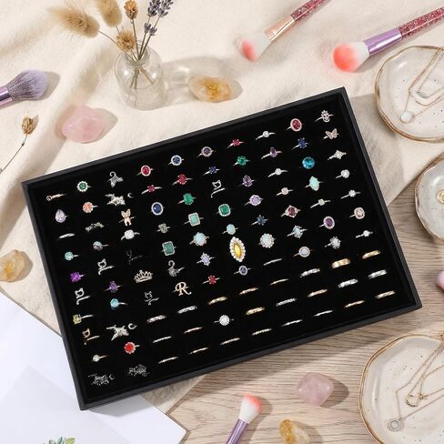 4-Piece Velvet Ring Display Tray Set, Ring Tray for Jewelry with 100 Slots, Stackable Organizer for Drawer & Retail, 13.78 x 9.45 x 1.26 Inch (Black) in Kuwait