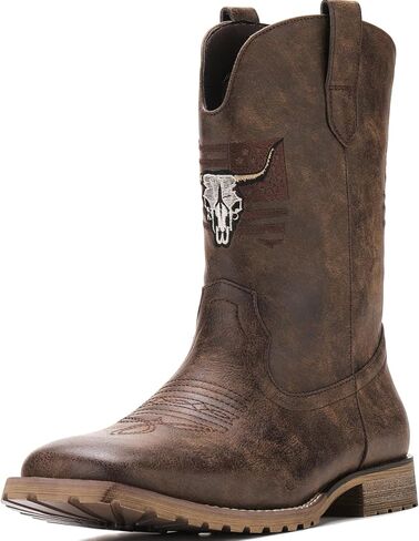 JASONSTAR Western Cowboy Boots for men, Vintage Distressed Brown Square Toe Mid-Calf Boots with Longhorn Skull American Flag Embroidery, Non-Slip Rubber Sole Comfortable for Riding Outdoor Daily Wear in Saudi Arabia