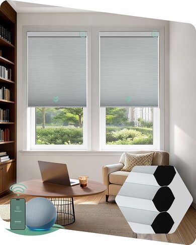 Yoolax Motorized Cellular Shades Compatible with Alexa, Blackout Smart Honeycomb Blinds with Remote for Indoor Windows, Automatic Honeycomb Shades for Bedroom Office, 22" W x 72" H (White) in Saudi Arabia