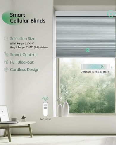 Yoolax Motorized Cellular Shades Compatible with Alexa, Blackout Smart Honeycomb Blinds with Remote for Indoor Windows, Automatic Honeycomb Shades for Bedroom Office, 22" W x 72" H (White) in Saudi Arabia