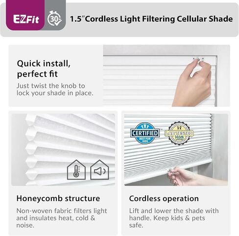 DEZ FURNISHINGS EZ Fit No Tools No Drill Cordless 1.5" Light Filtering Cellular Shade, 26.75" W x 64" H, White in Kuwait
