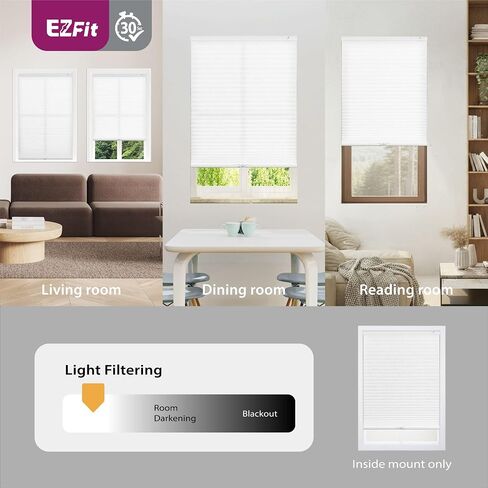 DEZ FURNISHINGS EZ Fit No Tools No Drill Cordless 1.5" Light Filtering Cellular Shade, 26.75" W x 64" H, White in Kuwait