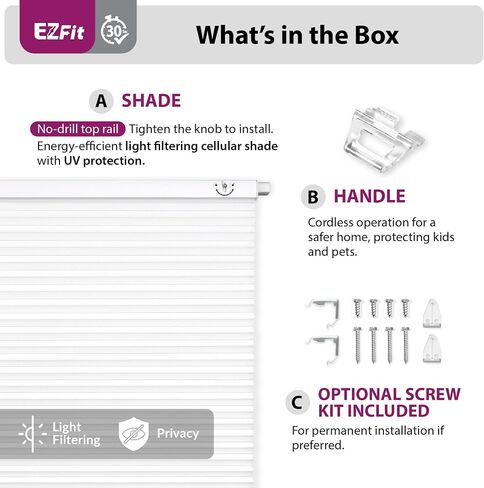 DEZ FURNISHINGS EZ Fit No Tools No Drill Cordless 1.5" Light Filtering Cellular Shade, 26.75" W x 64" H, White in Kuwait