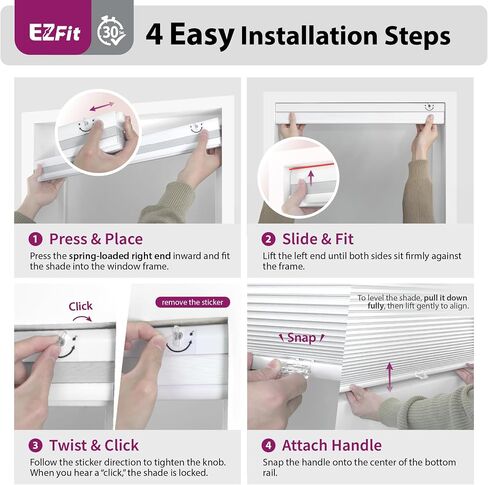DEZ FURNISHINGS EZ Fit No Tools No Drill Cordless 1.5" Light Filtering Cellular Shade, 26.75" W x 64" H, White in Kuwait