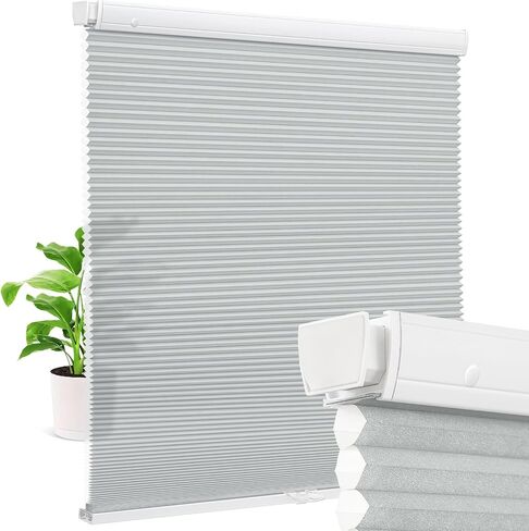 Cordless Cellular Shades No Drill Blinds for Indoor Window, Pull Down Easy Install Honeycomb Blinds Custom Fabric Thermal Insulated Shades (Gray-Light Filtering, 33 1/4" W x 64" H) in Kuwait