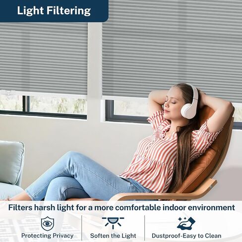 Cordless Cellular Shades No Drill Blinds for Indoor Window, Pull Down Easy Install Honeycomb Blinds Custom Fabric Thermal Insulated Shades (Gray-Light Filtering, 33 1/4" W x 64" H) in Kuwait