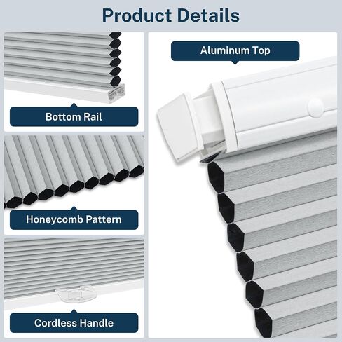 Cordless Cellular Shades No Drill Blinds for Indoor Window, Pull Down Easy Install Honeycomb Blinds Custom Fabric Thermal Insulated Shades (Gray-Light Filtering, 33 1/4" W x 64" H) in Kuwait