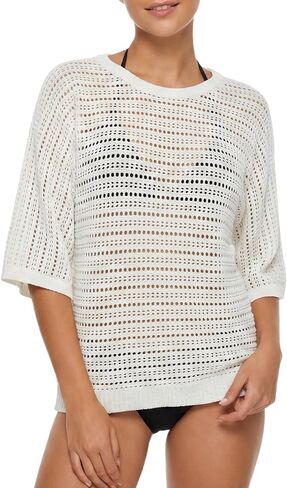 Women Crochet Beach Cover Up, Hollow Out Openwork Knit Top Crew Neck 3/4 Dolman Sleeve Relaxed Fit Shirt Summer Tunic in Saudi Arabia