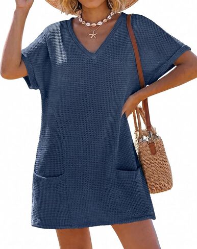 IWOLLENCE Swimsuit Coverup for Women Crochet V Neck Short Sleeve Beach Cover Up Dress with Pockets in Saudi Arabia