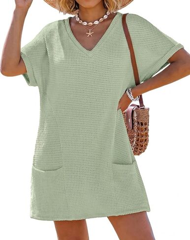 IWOLLENCE Swimsuit Coverup for Women Crochet V Neck Short Sleeve Beach Cover Up Dress with Pockets in Saudi Arabia