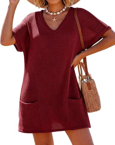 IWOLLENCE Swimsuit Coverup for Women Crochet V Neck Short Sleeve Beach Cover Up Dress with Pockets in Saudi Arabia
