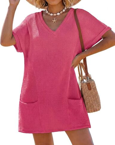 IWOLLENCE Swimsuit Coverup for Women Crochet V Neck Short Sleeve Beach Cover Up Dress with Pockets in Saudi Arabia