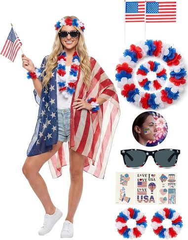 4th of July Outfits for Women, 4th of July Cover Up Kimono | 10PCS Red White and Blue Swimsuit with Sunglasses, Glow in The Dark Tattoo -Perfect for Day&Night Independence Day Activities in Kuwait