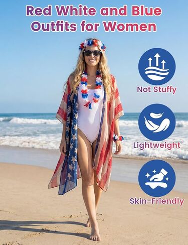 4th of July Outfits for Women, 4th of July Cover Up Kimono | 10PCS Red White and Blue Swimsuit with Sunglasses, Glow in The Dark Tattoo -Perfect for Day&Night Independence Day Activities in Kuwait