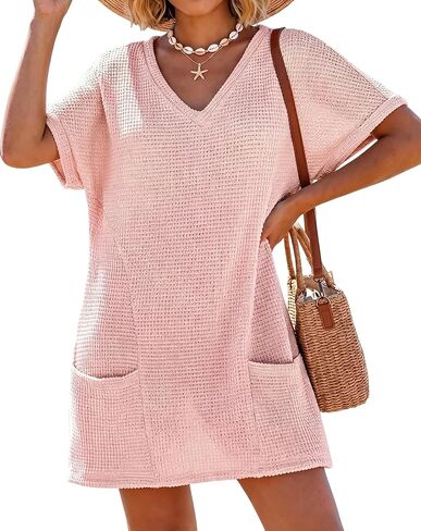 IWOLLENCE Swimsuit Coverup for Women Crochet V Neck Short Sleeve Beach Cover Up Dress with Pockets in Saudi Arabia
