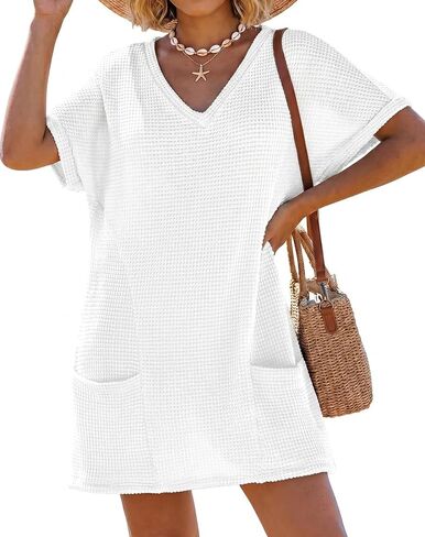 IWOLLENCE Swimsuit Coverup for Women Crochet V Neck Short Sleeve Beach Cover Up Dress with Pockets in Saudi Arabia