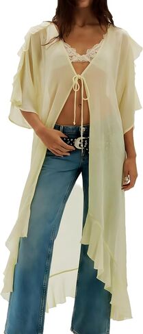 Women Sheer Mesh Long Kimono Cardigan Hobo Flowy Ruffle Duster Robe Sexy Long Bell Sleeve Tie Front Chiffon Cover Up in Saudi Arabia