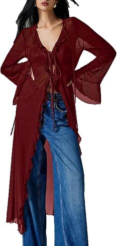 Women Sheer Mesh Long Kimono Cardigan Hobo Flowy Ruffle Duster Robe Sexy Long Bell Sleeve Tie Front Chiffon Cover Up in Kuwait