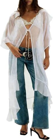 Women Sheer Mesh Long Kimono Cardigan Hobo Flowy Ruffle Duster Robe Sexy Long Bell Sleeve Tie Front Chiffon Cover Up in Kuwait