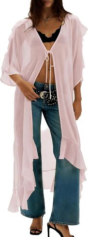 Women Sheer Mesh Long Kimono Cardigan Hobo Flowy Ruffle Duster Robe Sexy Long Bell Sleeve Tie Front Chiffon Cover Up in Kuwait