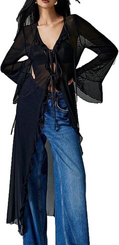 Women Sheer Mesh Long Kimono Cardigan Hobo Flowy Ruffle Duster Robe Sexy Long Bell Sleeve Tie Front Chiffon Cover Up in Kuwait