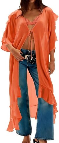 Women Sheer Mesh Long Kimono Cardigan Hobo Flowy Ruffle Duster Robe Sexy Long Bell Sleeve Tie Front Chiffon Cover Up in Kuwait
