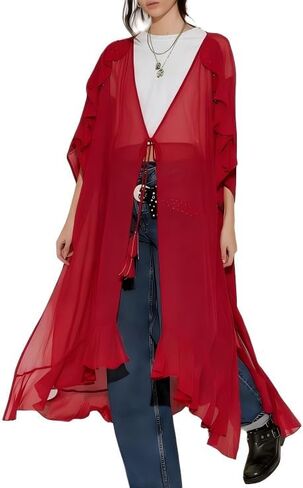 Women Sheer Mesh Long Kimono Cardigan Hobo Flowy Ruffle Duster Robe Sexy Long Bell Sleeve Tie Front Chiffon Cover Up in Kuwait