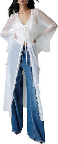 Women Sheer Mesh Long Kimono Cardigan Hobo Flowy Ruffle Duster Robe Sexy Long Bell Sleeve Tie Front Chiffon Cover Up in Kuwait