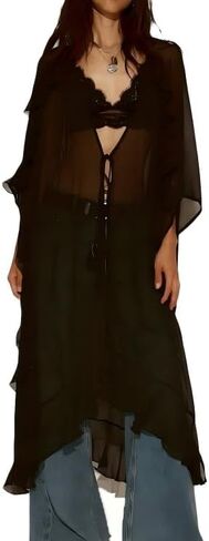 Women Sheer Mesh Long Kimono Cardigan Hobo Flowy Ruffle Duster Robe Sexy Long Bell Sleeve Tie Front Chiffon Cover Up in Kuwait